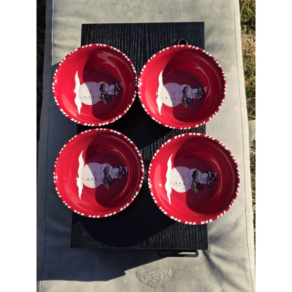 Tracy Porter Jolly Ol Snowman Red Christmas Cereal Soup Bowls Set of 4 Footed